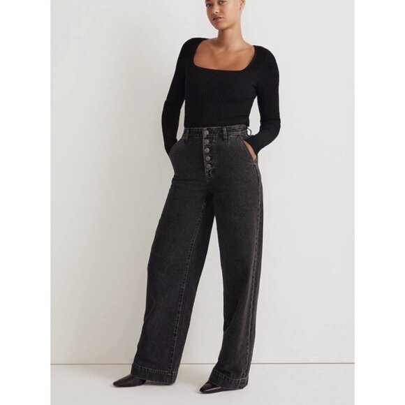 Madewell Denim - Madewell Curvy Super Wide Leg Jeans Women's 30 Black Denim Button Fly Flare Y2K